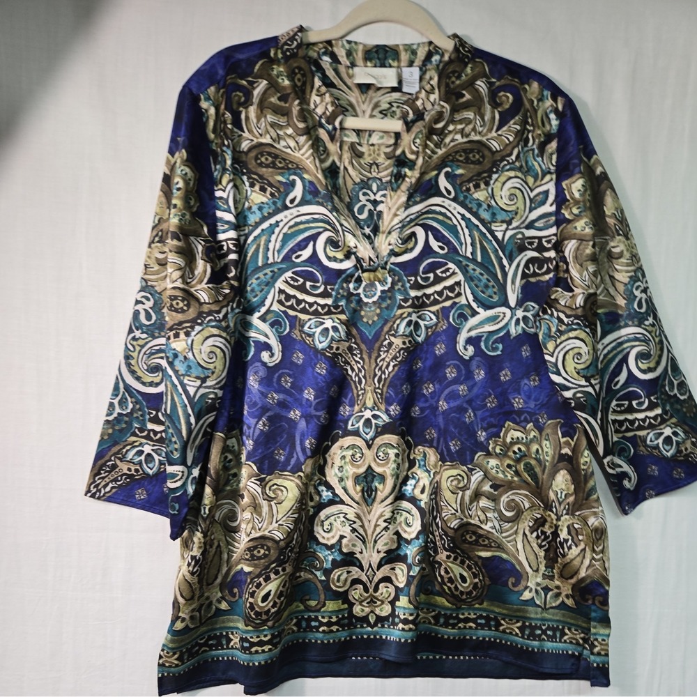 Chico's Women's 3 (XL) Komono Blouse V Neck Top Paisley 3/4 Sleeves Flowy